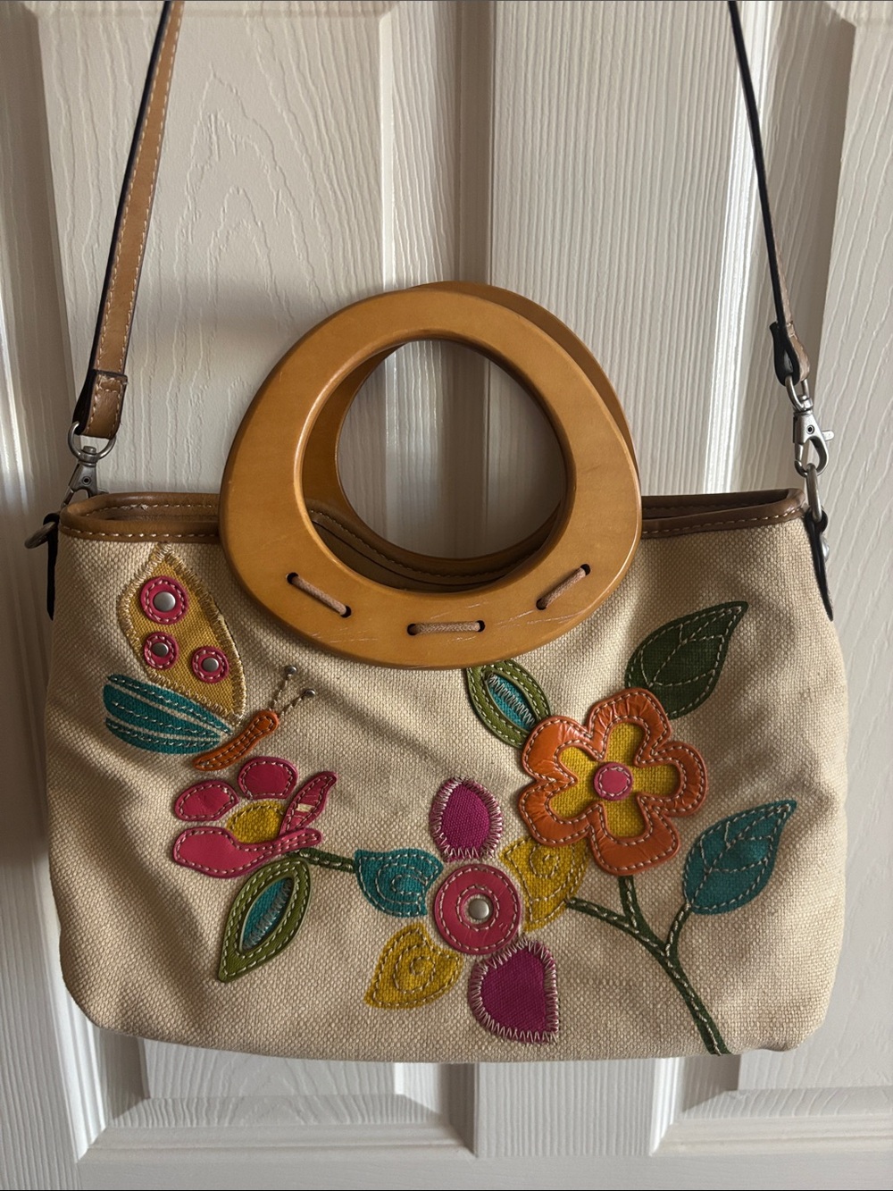 Floral Appliqué Canvas Shoulder Bag with Wooden Ring Handle - Cream & Multicolor